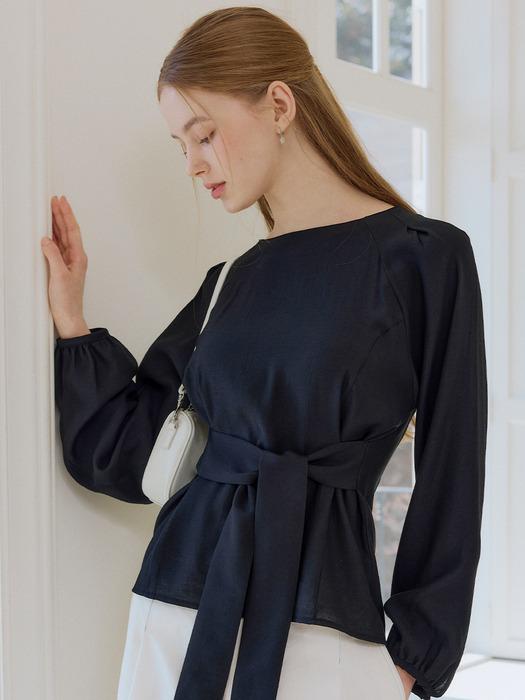 보트넥 리본 블라우스 black