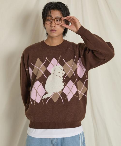 말티즈 아가일 크루넥 니트 브라운