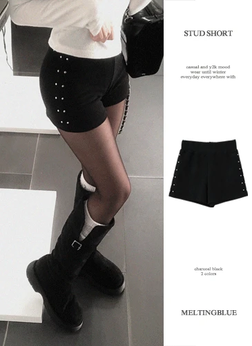 느좋/스터드˖✧˖°키라 스터드 징 포인트 숏팬츠 핫팬츠 반바지 겨울반바지 니트반바지 Y2K HIP(차콜/블랙)