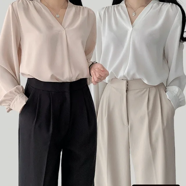 [단독제작]  구김적은 링클프리 브이넥 셔링 긴팔 블라우스 PN001