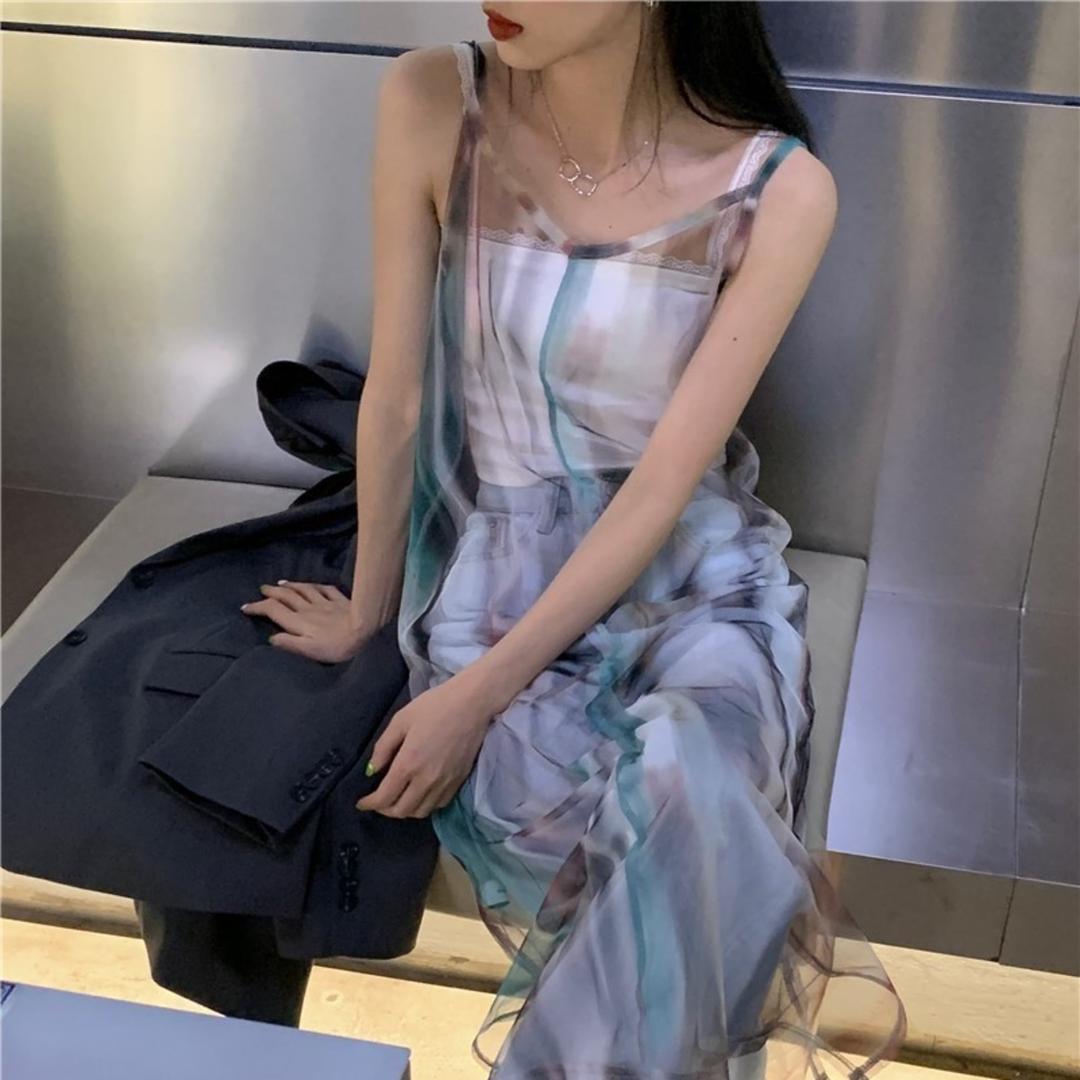 [예약주문]시스루 타이다이 나시원피스