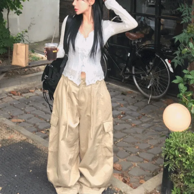 [핏,컬러보장📌/교복템] 스트링조절! 간절기 코튼 러쉬 카고 빅포켓 와이드 롱 팬츠