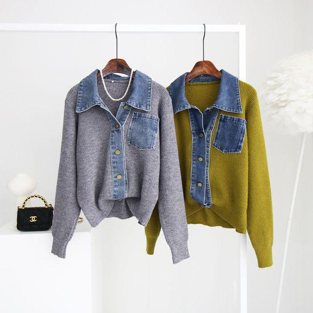 제인준 슈라 데님 배색 니트 가디건 자켓