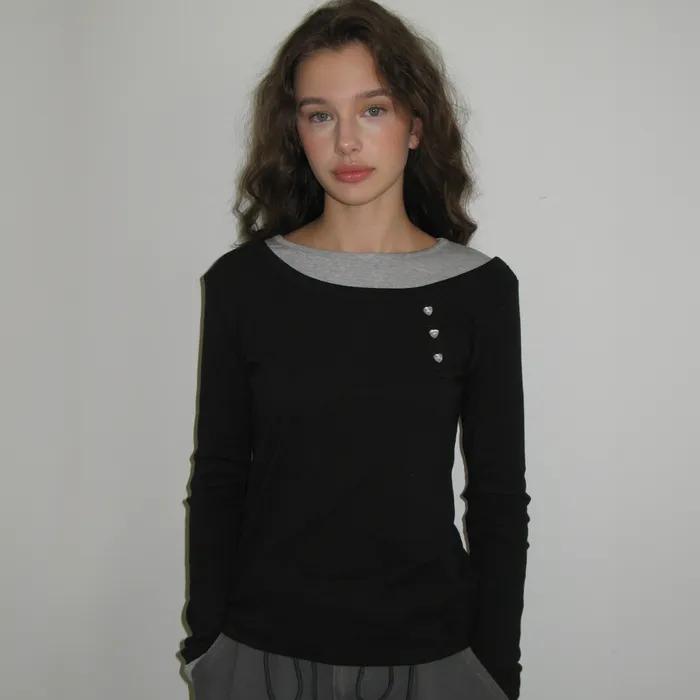 UNBALANCE HEART BUTTON LAYERED T SHIRT BLACK