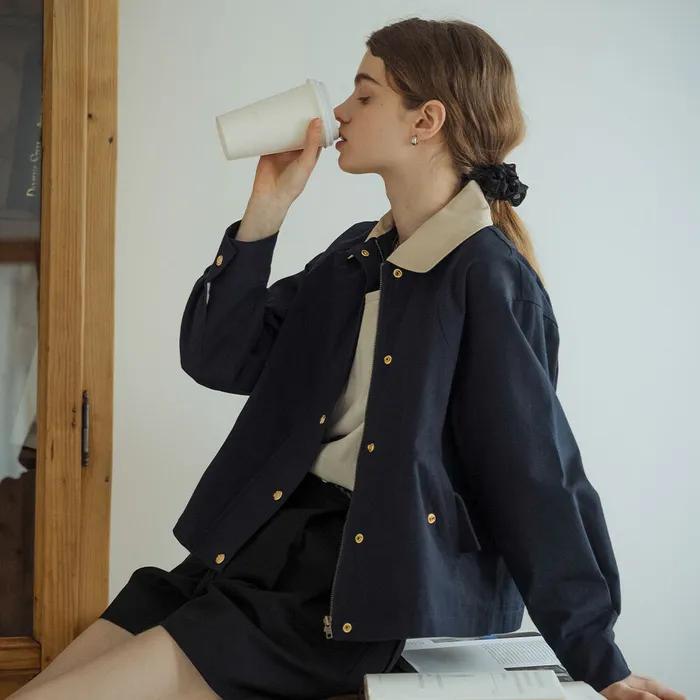 Danna coloring collar gold button jumper_Navy