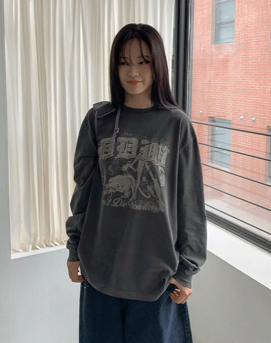 포댄느 피그먼트 프린팅 오버 긴팔 티 (3color)