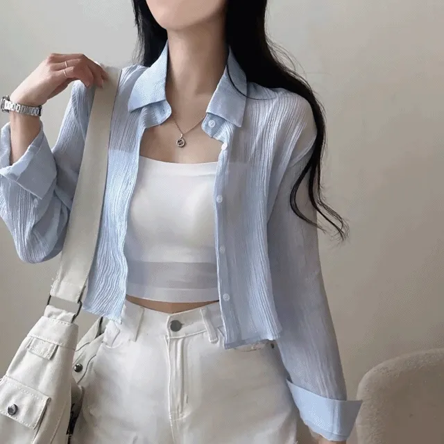 [24SS/여리핏*.*] 뒤트임,시스루 베이직 썸머 크롭 긴팔 셔츠 [4color]