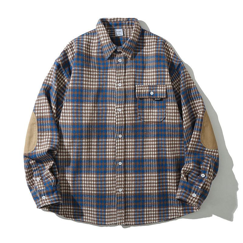 엘보 패치 트위드 혼방 체크 긴팔 셔츠