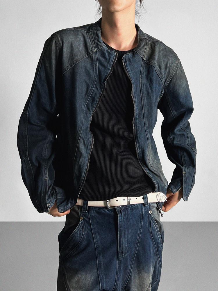 Wavy biker washed denim jacket 남자 데님셋업 바이커 청자켓