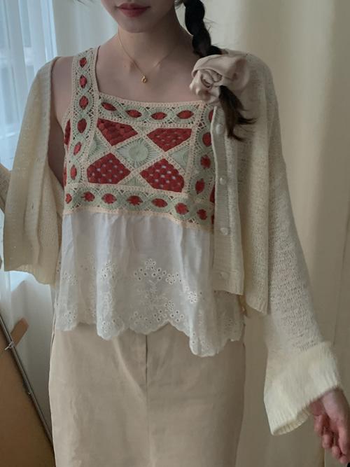 ETHNIC LACE CROCHET KNIT SLEEVELESS TOP(BEIGE)