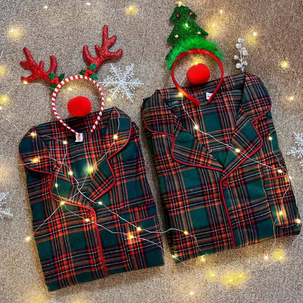 크리스마스 커플 잠옷 체크 피치기모 파자마 파티