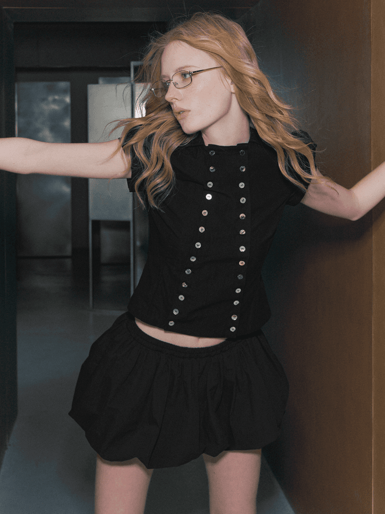 Deleteex Double-breasted puff short sleeves