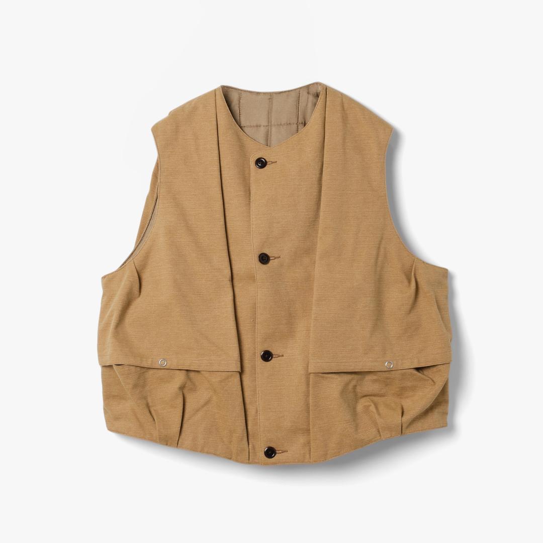 SILK-QUILTED & COTTON CANVAS REVERSIBLE VEST BEIGE