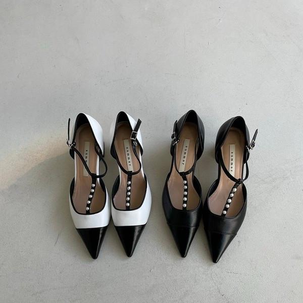 Pearl T-strap Middle Heel  < S22001 > 진주 티스트랩 미들힐 슈즈 2컬러 5cm