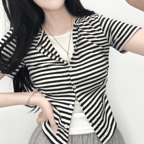 [가디건일체형🤍/셔링/말라핏] 스트라이프 단가라 반팔 크롭 티셔츠