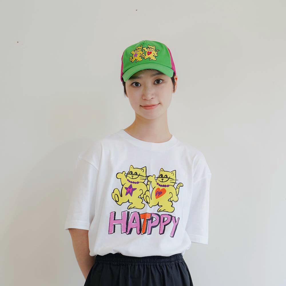<HATPPY>pp cat  t-shirt 해피 고양이 프린트 반팔 티