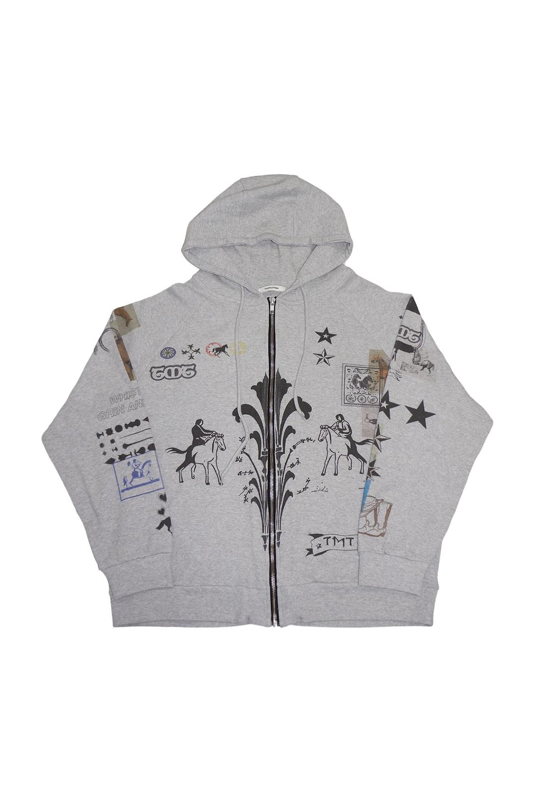 PRINTED WAFFLE ZIP-UP HOODIE (GREY)