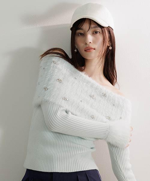【SALE】ビジューシャギーオフショルダーニット