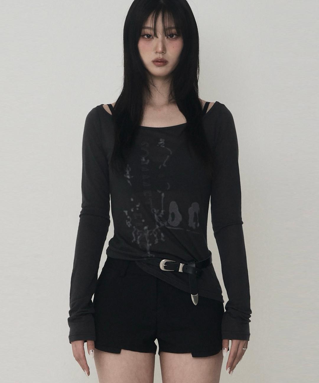 Lettering Logo Boat Neck See-Through T-Shirt (chacoal)