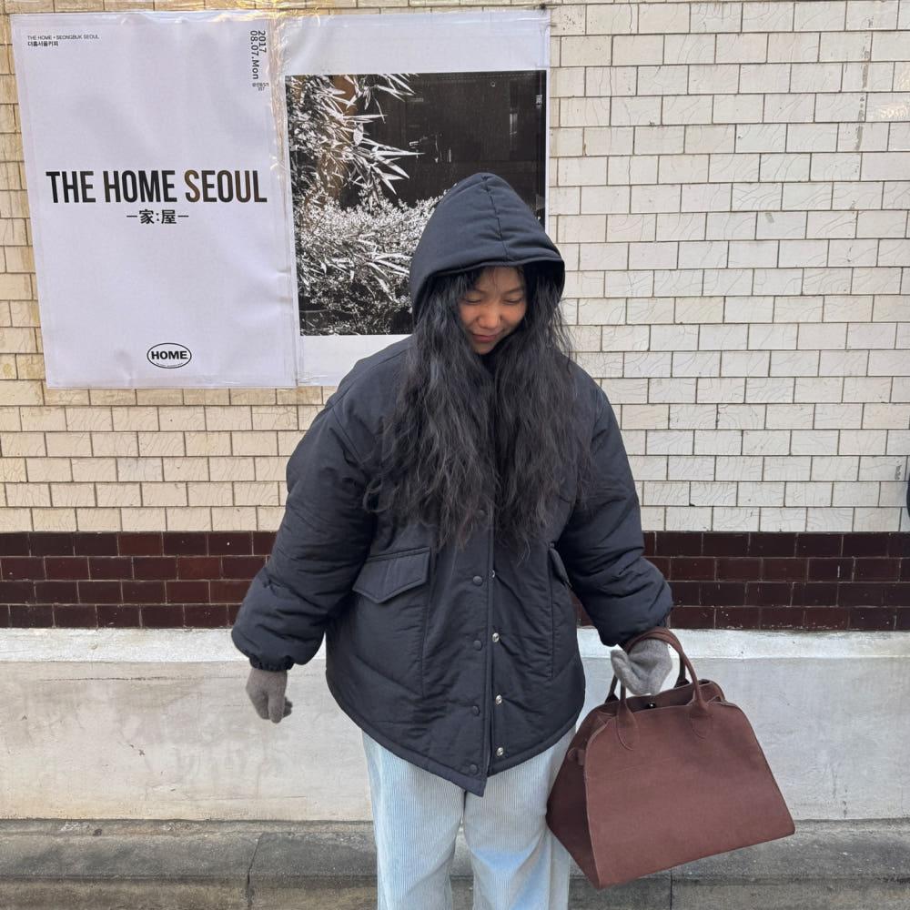 베이드 후드 패딩 점퍼 (2col) 블랙 카키