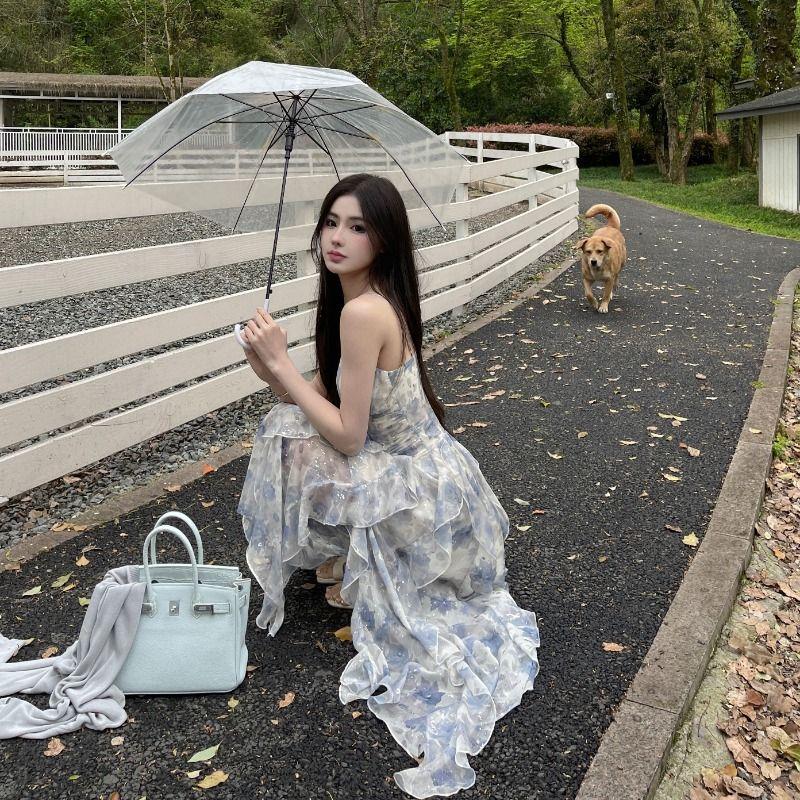 공주풍 꽃무늬 인어공주 프릴 여신 하늘하늘 롱 원피스