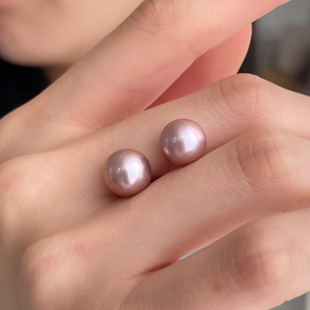 14k 에디슨 담수진주 9-9.5mm 라벤더 오렌지 내추럴 컬러진주 귀걸이