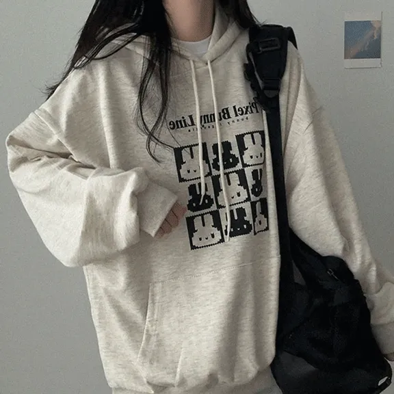 [기모ver.추가/오버핏] 귀욤 픽셀 버니 후드티셔츠 (3color)