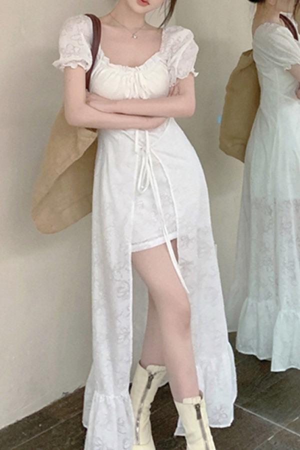 누아 자카드 레이스 스퀘어넥 버블 반팔 슬릿 롱 원피스