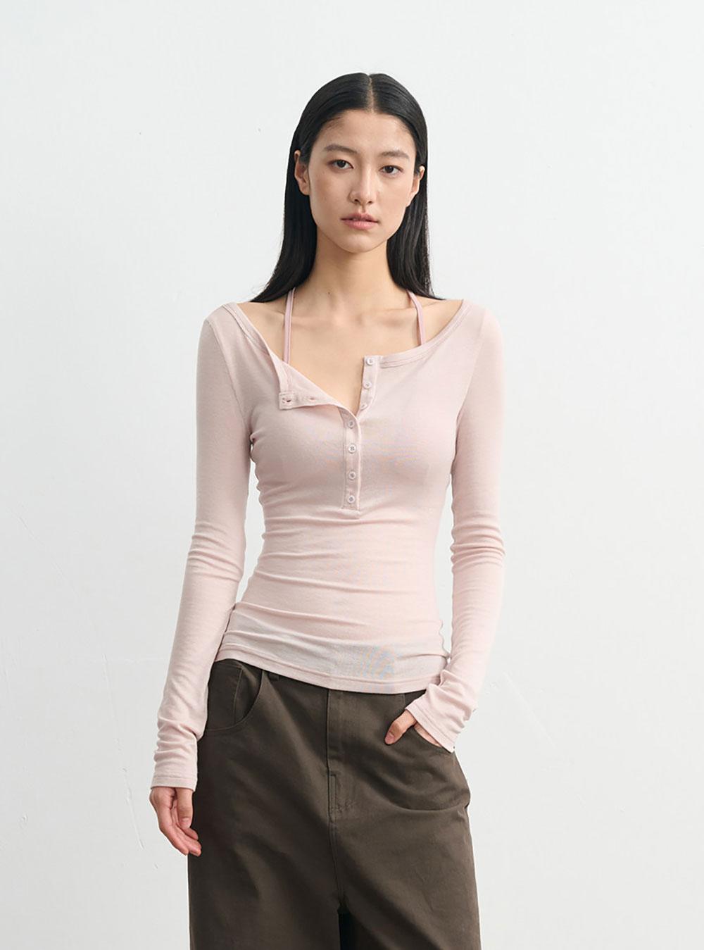 Asymmetric Button Sheer Top (2color)