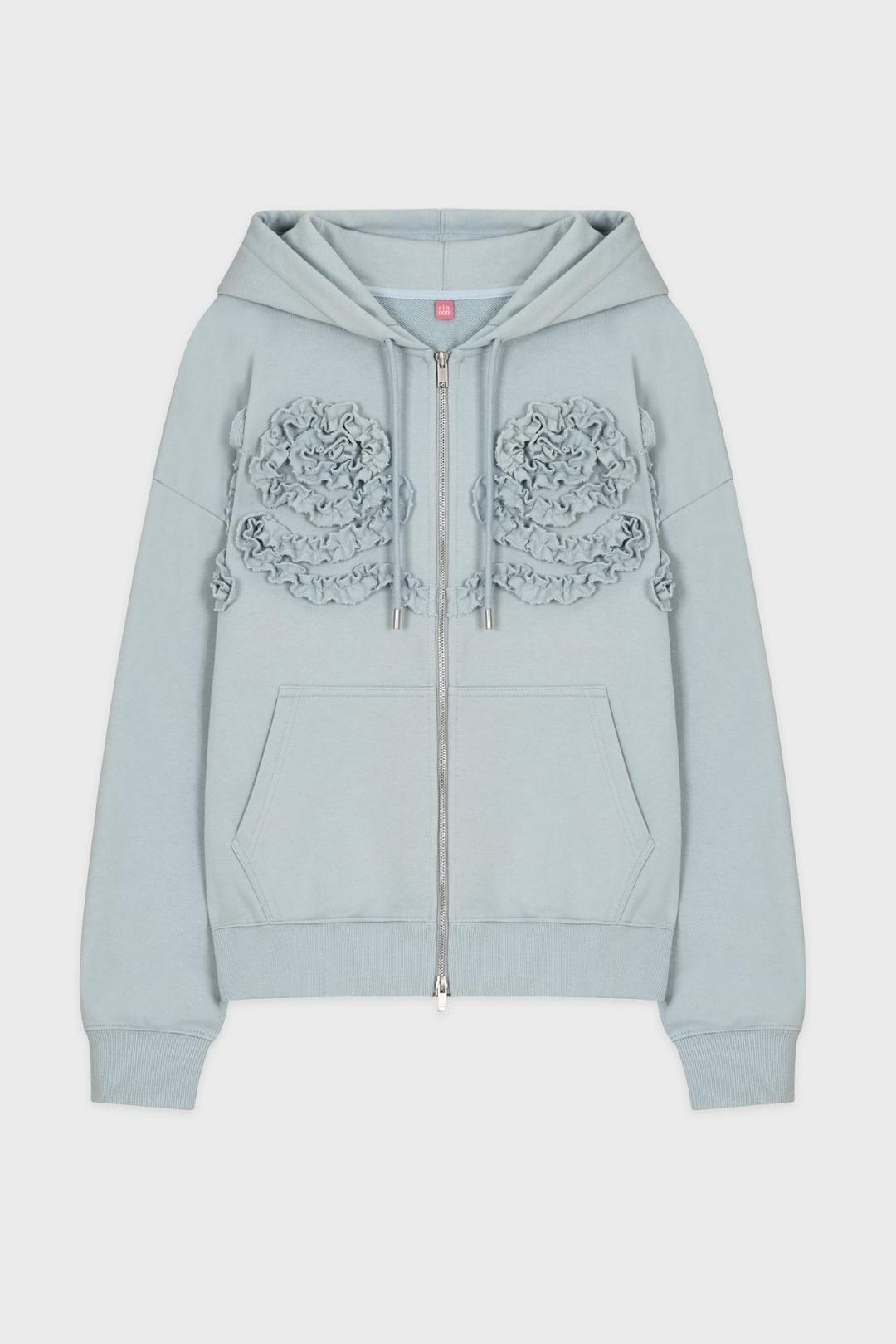 Rose Frill Oversized-Fit Hooded Zip-Up (Blue)