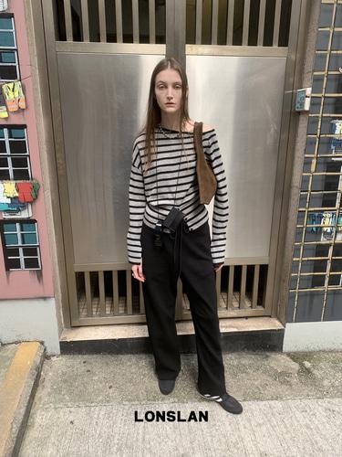 LONSLAN 보트넥 배색 단가라 앞트임 끈 긴팔 니트