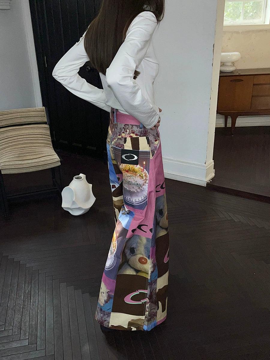 Cat Print Cake Birthday Wide-Leg Pants
