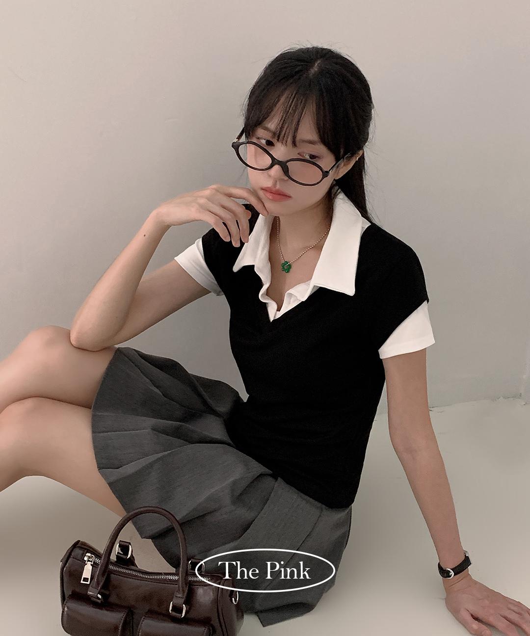 더핑크 [🌴인기급상승/프레피룩/일체형/꾸안꾸] 츠네 셔츠 레이어드 반팔티 (2color)