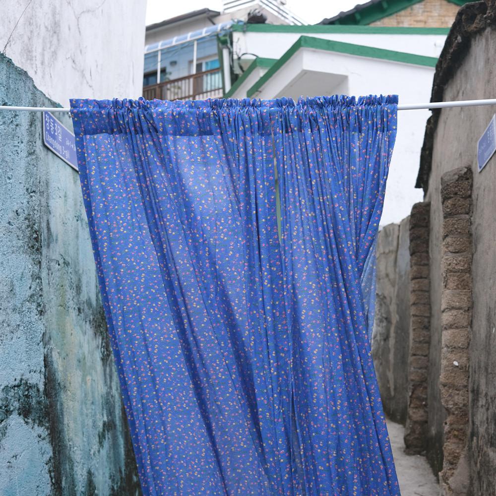 고요하우스 코발트 블루 빈티지커튼 플라워 가림막 창문커튼