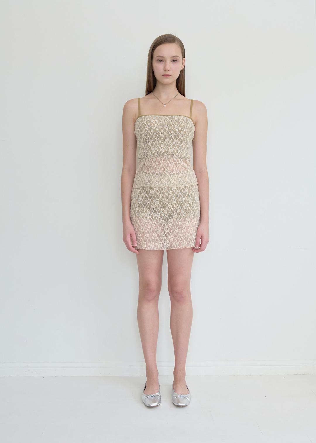 Sheer Lace Tube Top Skirt Set_Beige