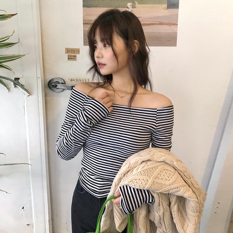 프롬비기닝 스트라이프 오프숄더슬림티 (2color)