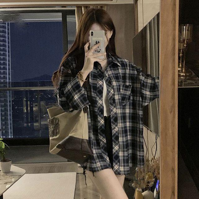 루트 체크 셔츠 긴팔 남방 탑
