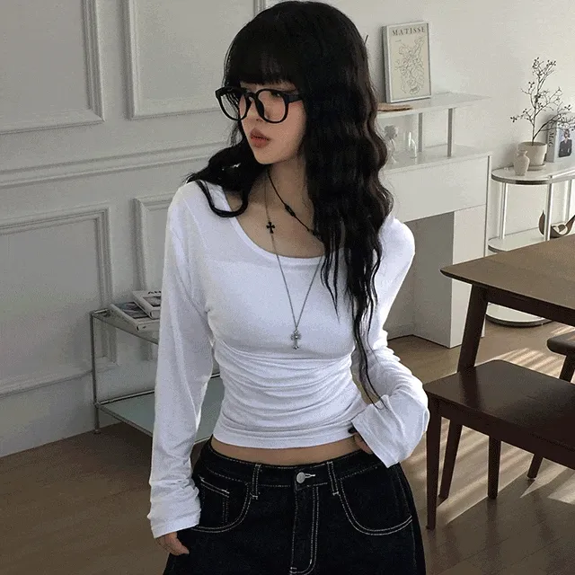 [팔넉넉/허리잘록🖤] 핏인 딥유넥 찰랑 베이직 세미크롭 기본 이너 슬림핏 긴팔티셔츠 5color