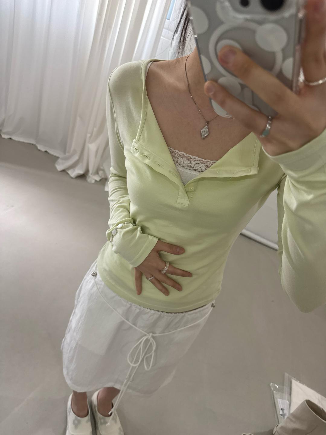 라이트 코튼모달 버튼 티셔츠 (바이오 워싱) - 페일 라임(pale lime)