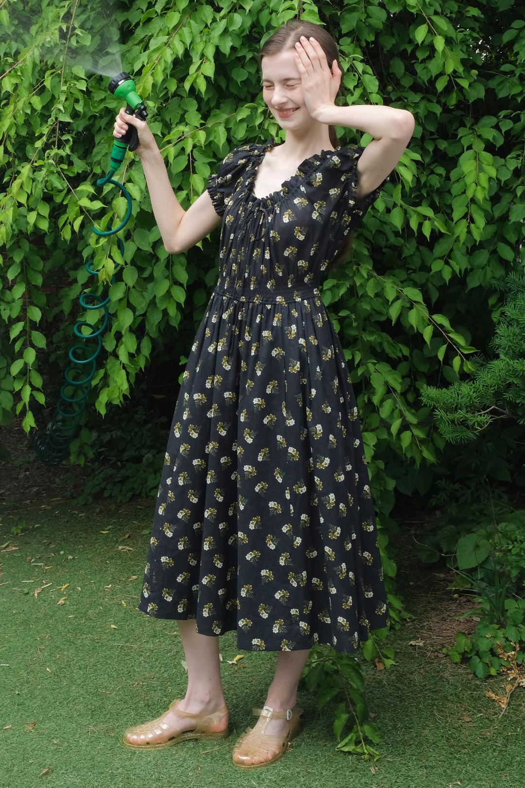 Smocked Balloon Dress (Black)