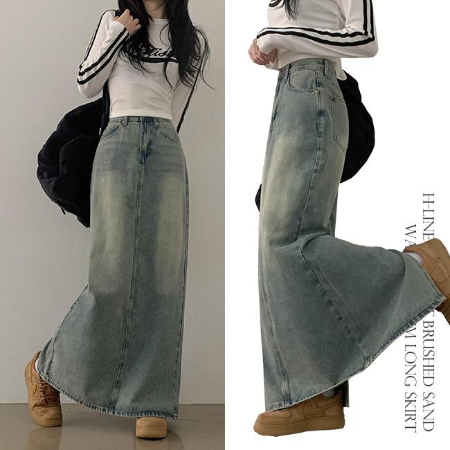 더핑크 [S-XL/y2k/스트릿] 리헤 H라인 뒷트임 브러쉬 샌드워싱 데님 롱 스커트 (6color)