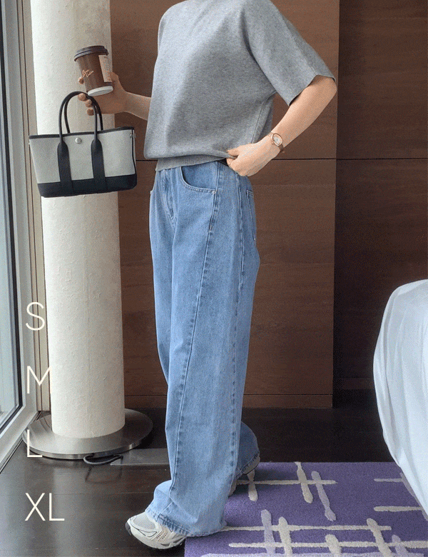 3417 연청 슬럽 절개 와이드핏 데님 (one color) 히든밴딩