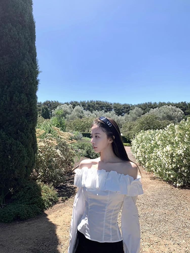 클라우드 플라워 칼라 셔츠 루즈 롱 웨이스트 숏