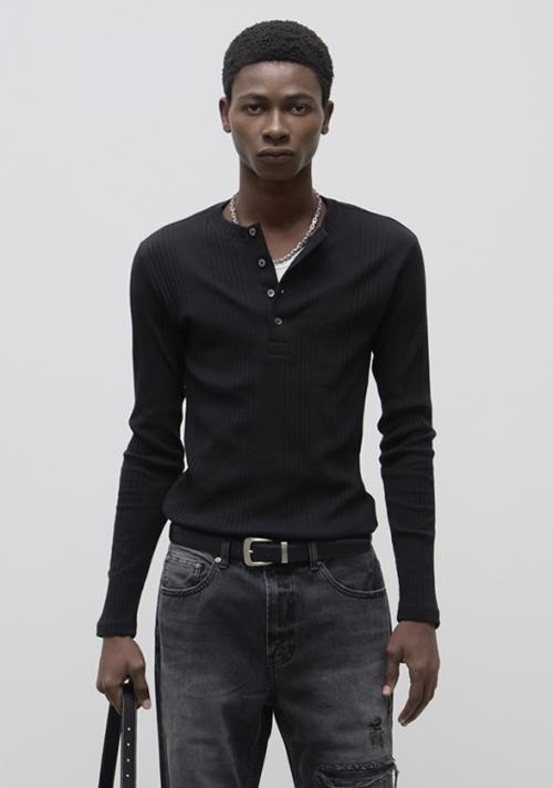 Slim Fit Henley Neck Jersey Long Sleeve - Black