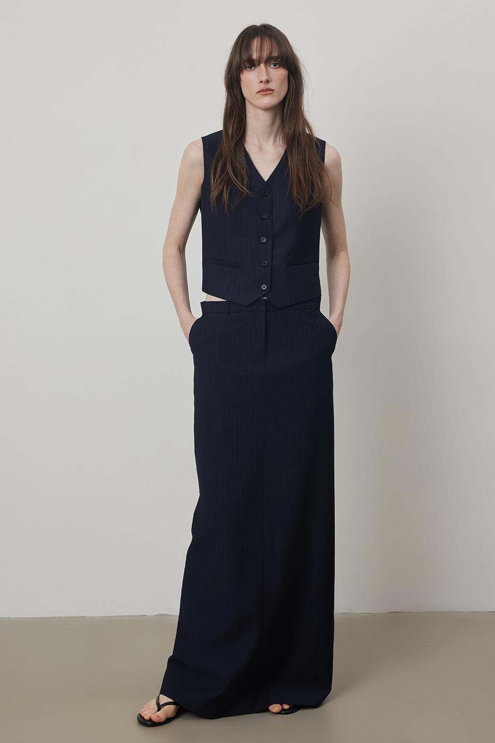 Stripe Four Set Up Suit-H Line Long Slit Maxi Skirt