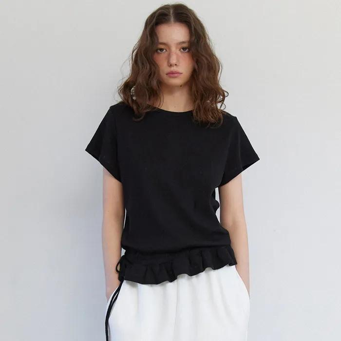 Eyelet Frill Half T-shirt Black