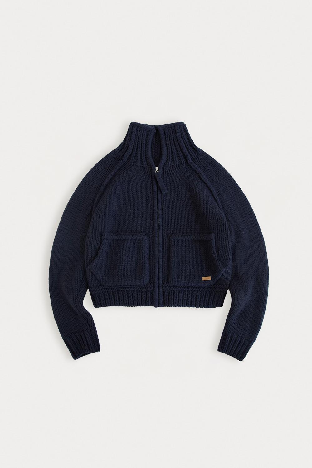 하이넥 레글런 니트 집업_Moon Navy