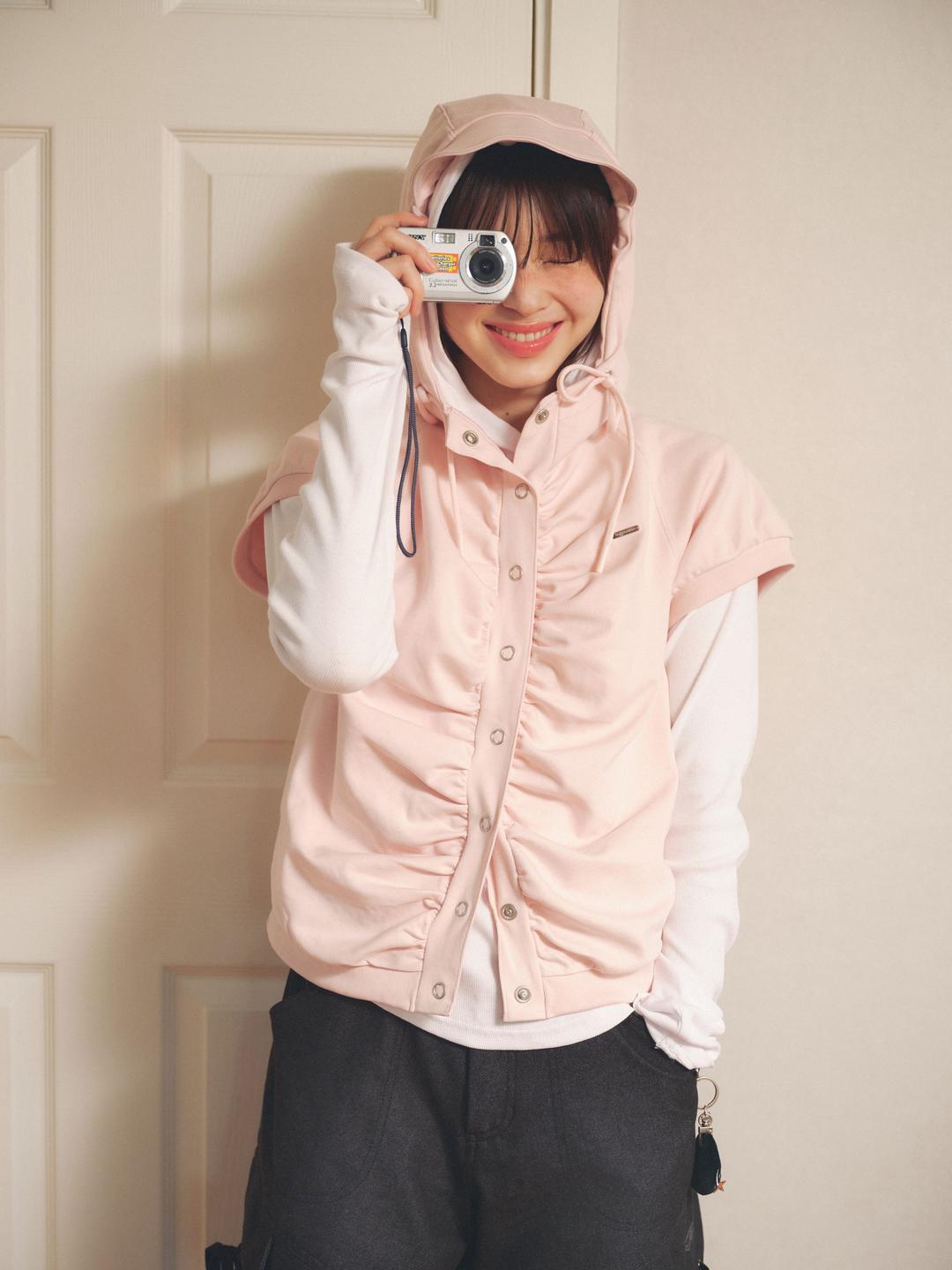 Shirring snap button vest (pink)