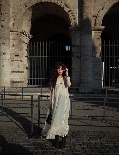 lace trimming sheer dress in yellow