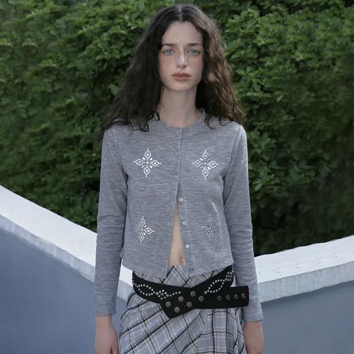 ARGYLE STUDDED CARDIGAN (GREY)